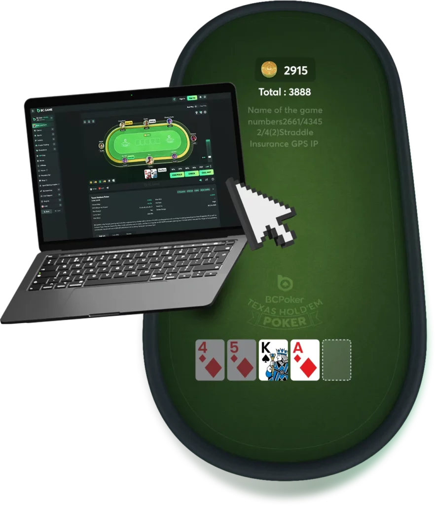 BC Poker desktop gameplay interface with Texas Hold’em table, player controls and real-time hand action on laptop