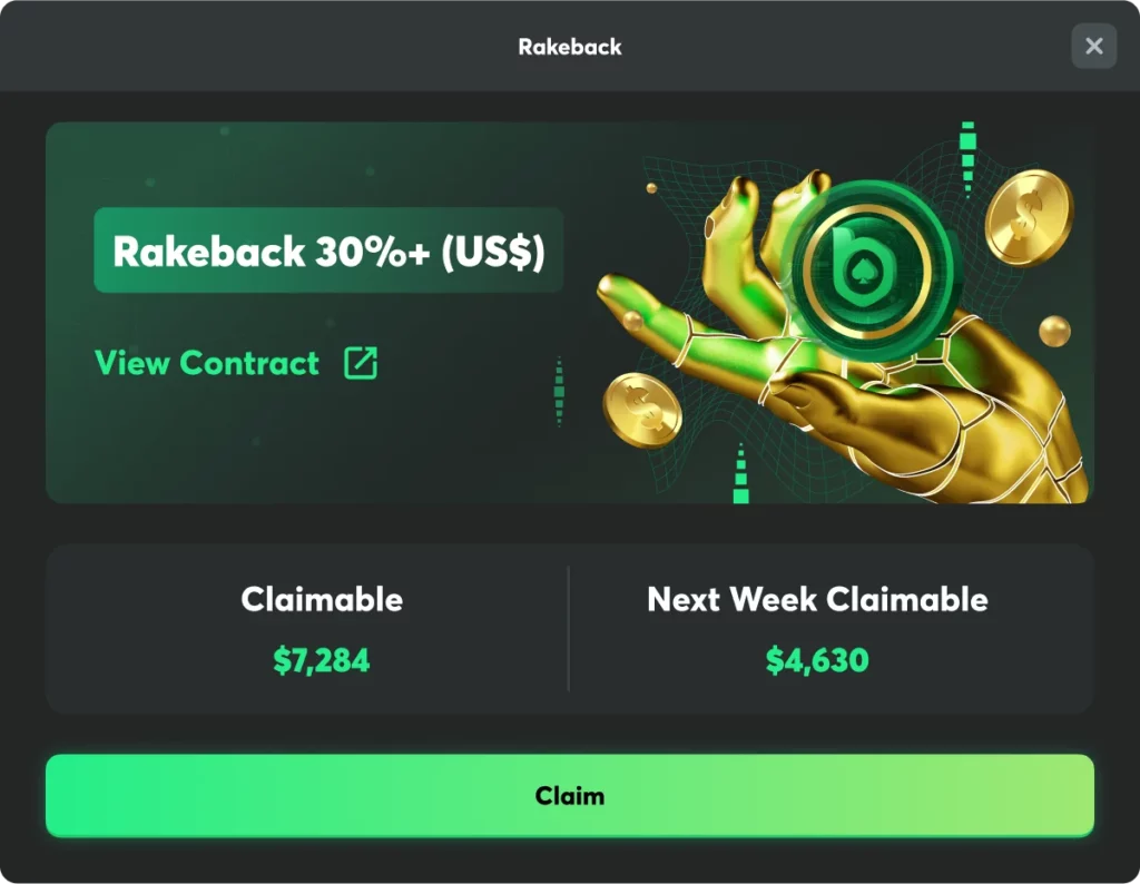 BC Poker rakeback system showing 30%+ cashback, claimable balance and weekly poker rewards interface